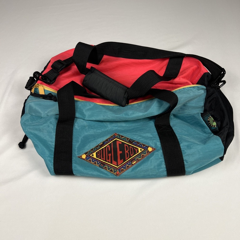 Vintage Bugle Boy Duffel Bag 90s Colorblock Teal Red Black Nylon Gym Travel Bag